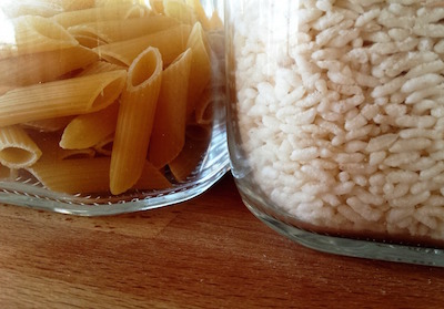 Pasta and rice in glass jars