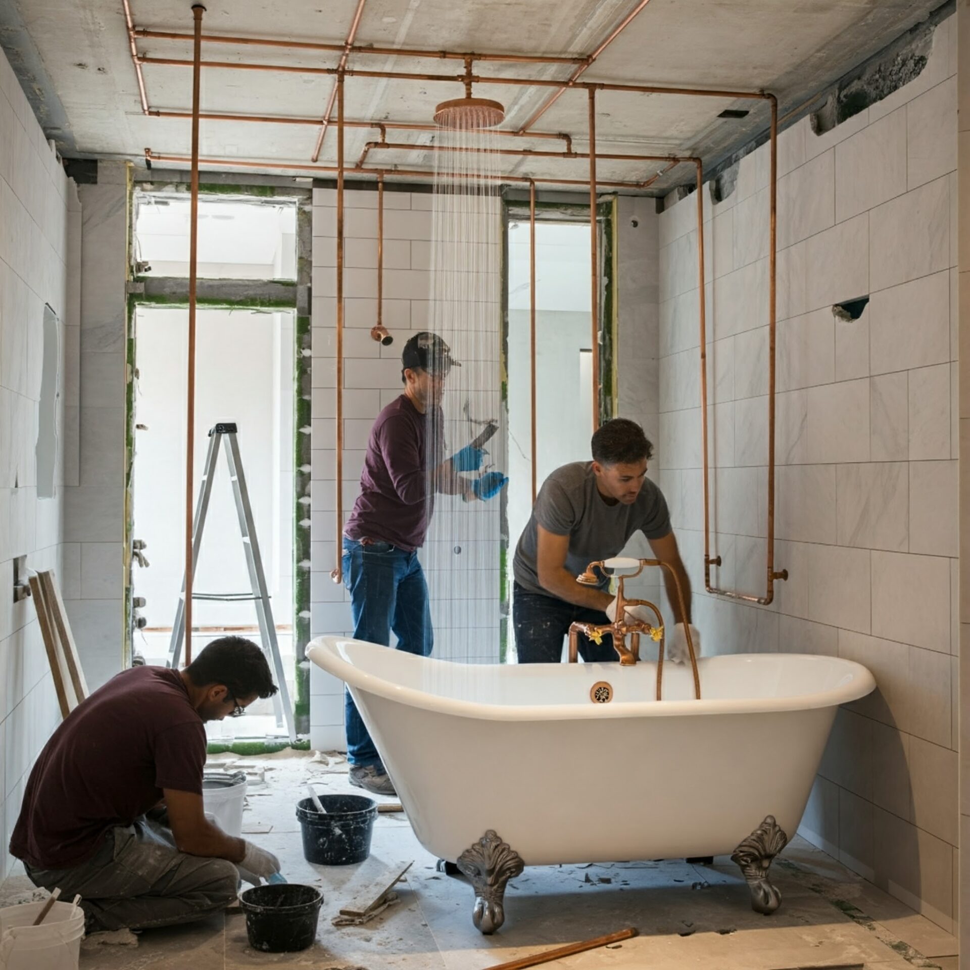 Workers installing a shower and tub. 